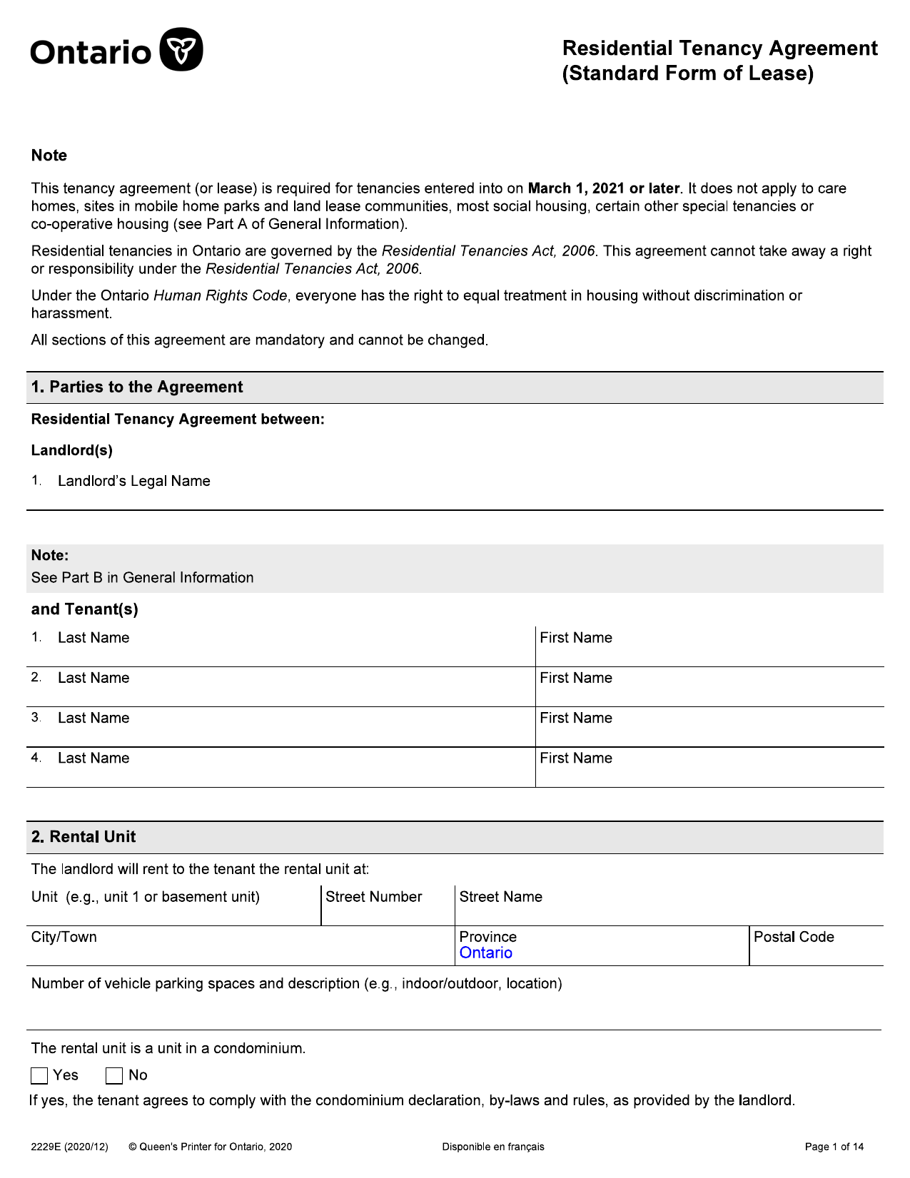 Residential Tenancy Agreement (Standard Form of Lease) - Form 2229E - page 1