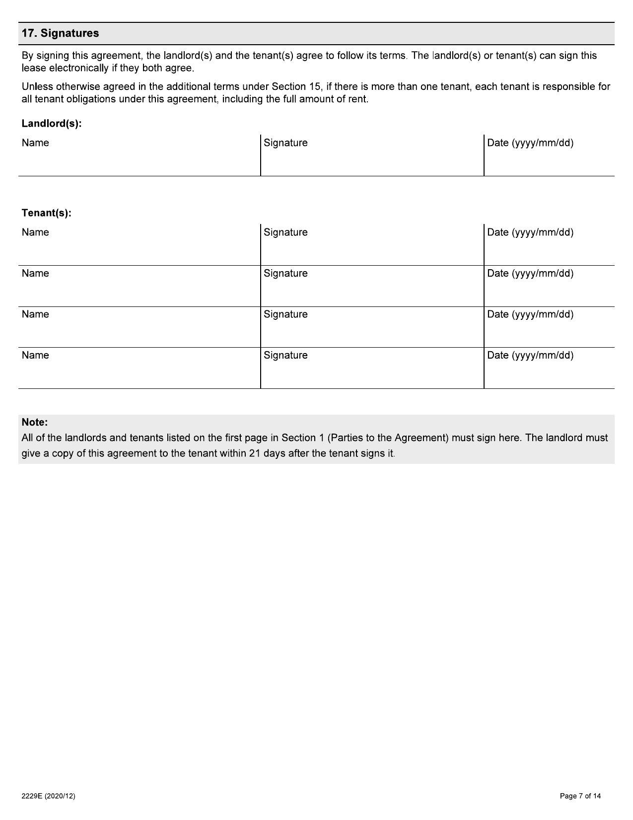 Residential Tenancy Agreement (Standard Form of Lease) - Form 2229E - page 7