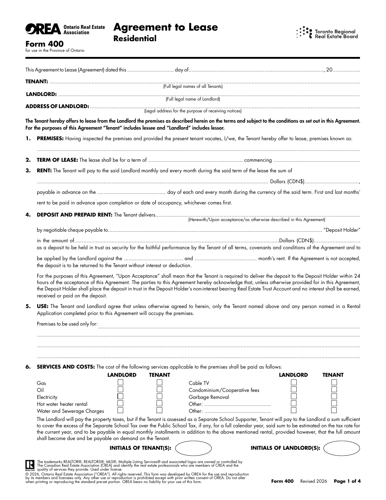 Agreement to Lease - Residential (Form 400) - page 1