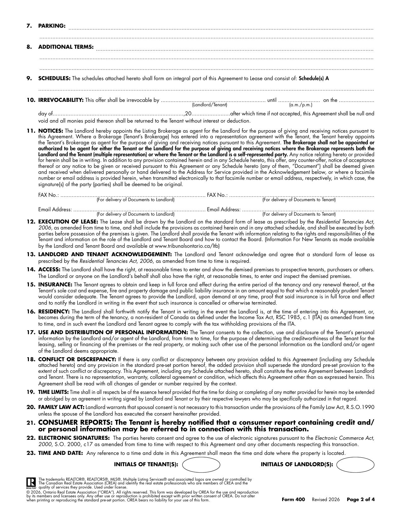 Agreement to Lease - Residential (Form 400) - page 2