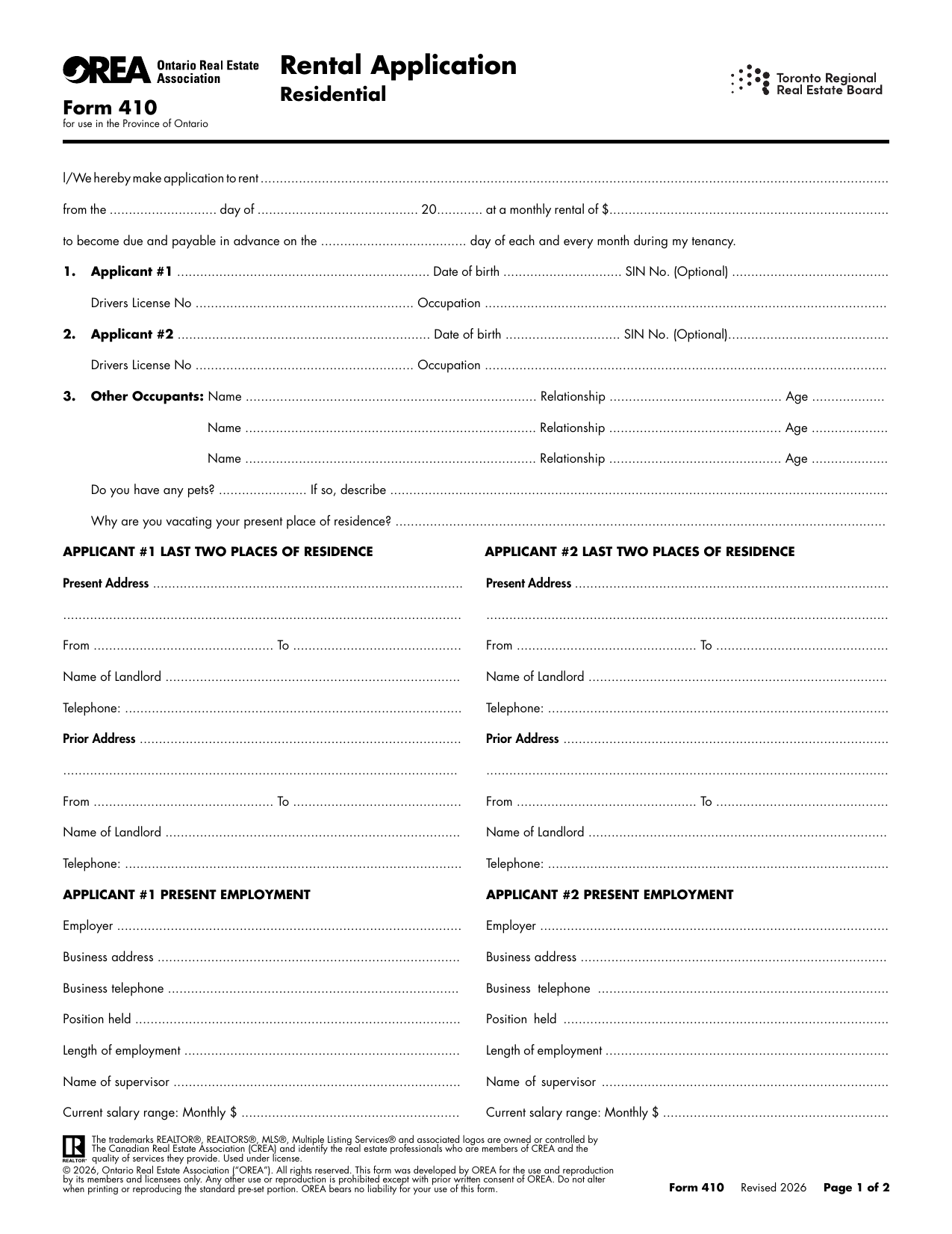 Rental Application - Residential (Form 410) - page 1
