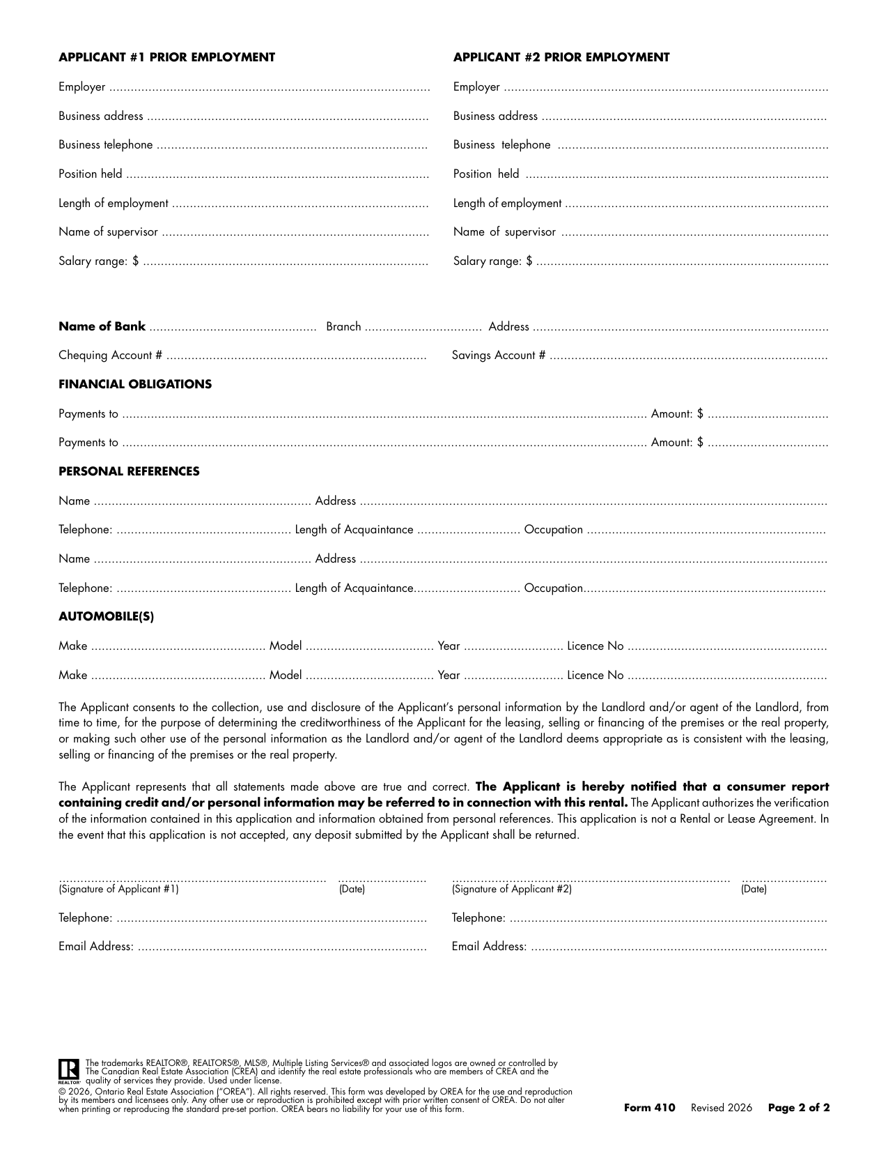 Rental Application - Residential (Form 410) - page 2
