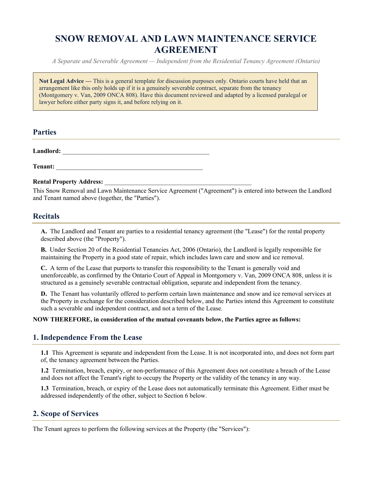 Snow Removal and Lawn Maintenance Service Agreement - page 1